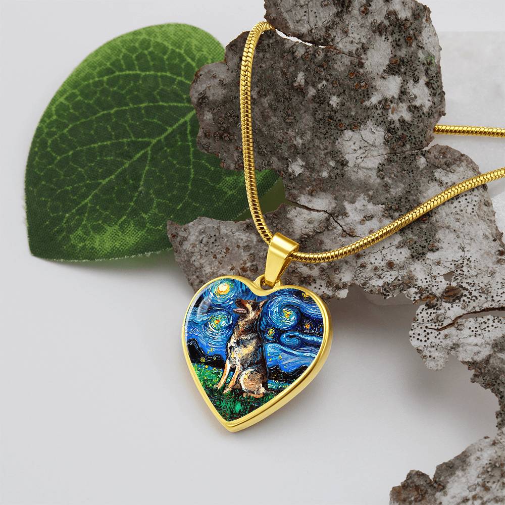 German Shepherd Starry Night Heart Necklace