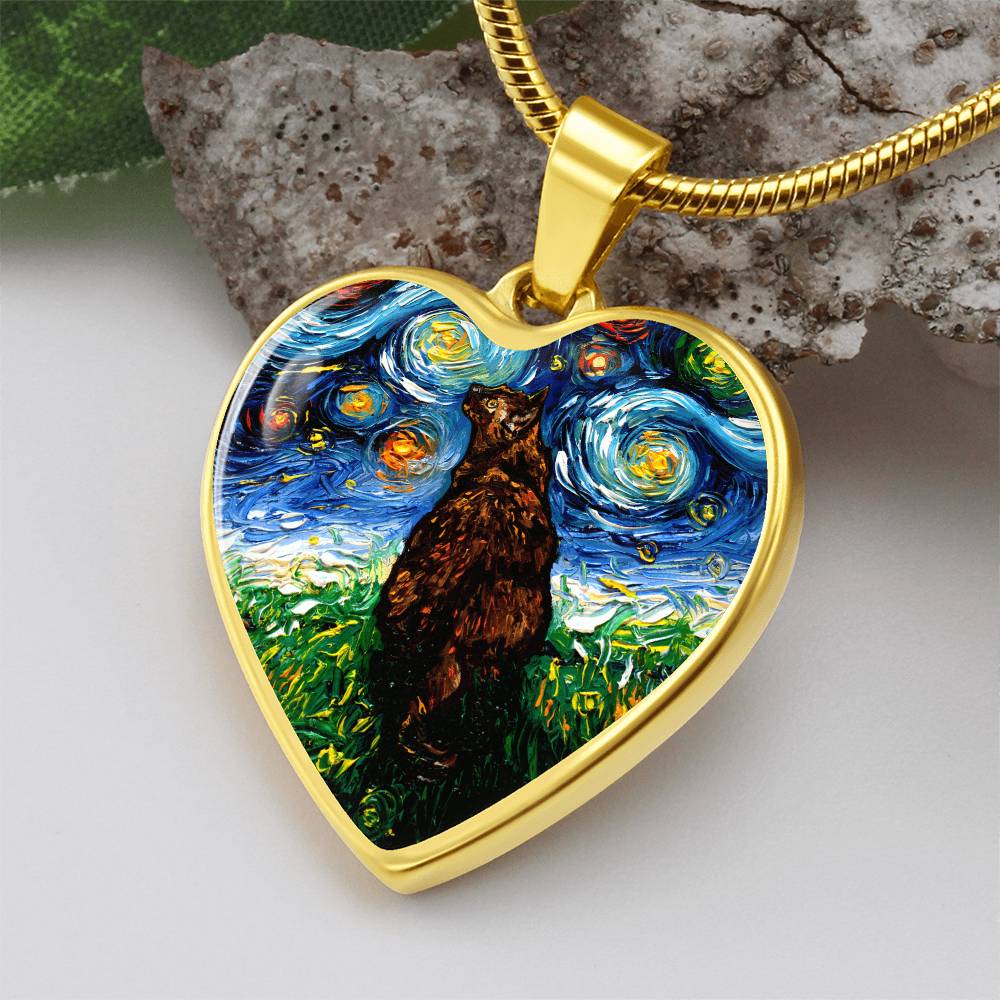 Tortoiseshell Cat Starry Night Heart Necklace