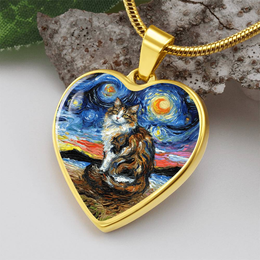 Calico Cat 2 Starry Night Heart Necklace