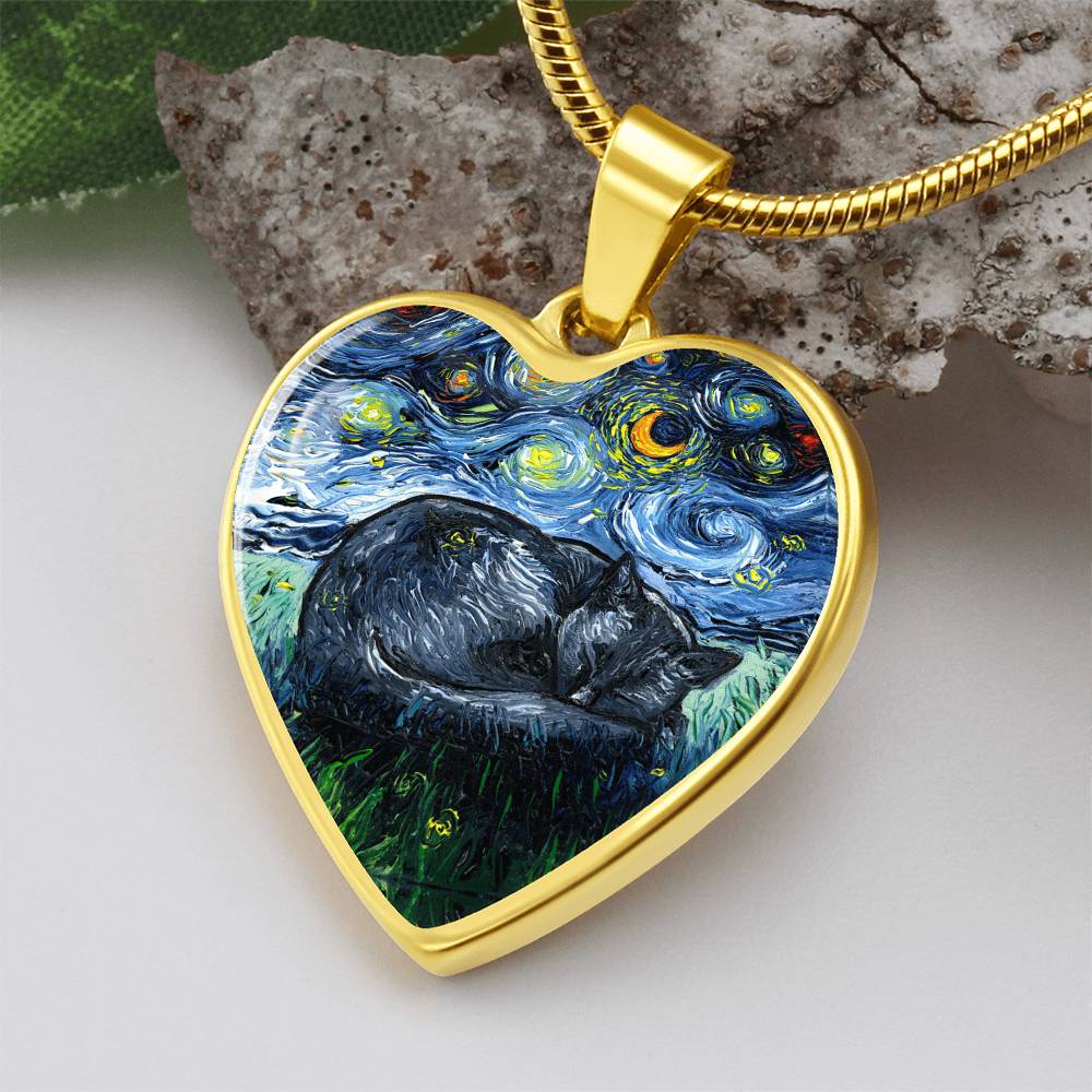 Sleeping Black Cat Starry Night Heart Necklace