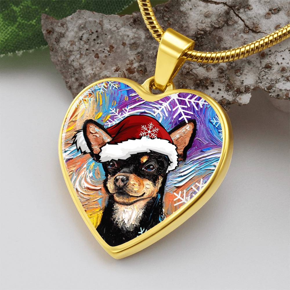 Santa Black and Tan Chihuahua Heart Necklace