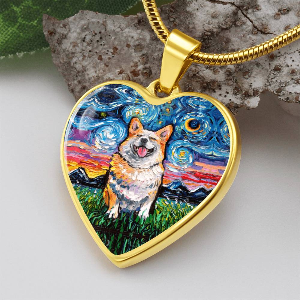 Smiling Corgi Starry Night Heart Necklace