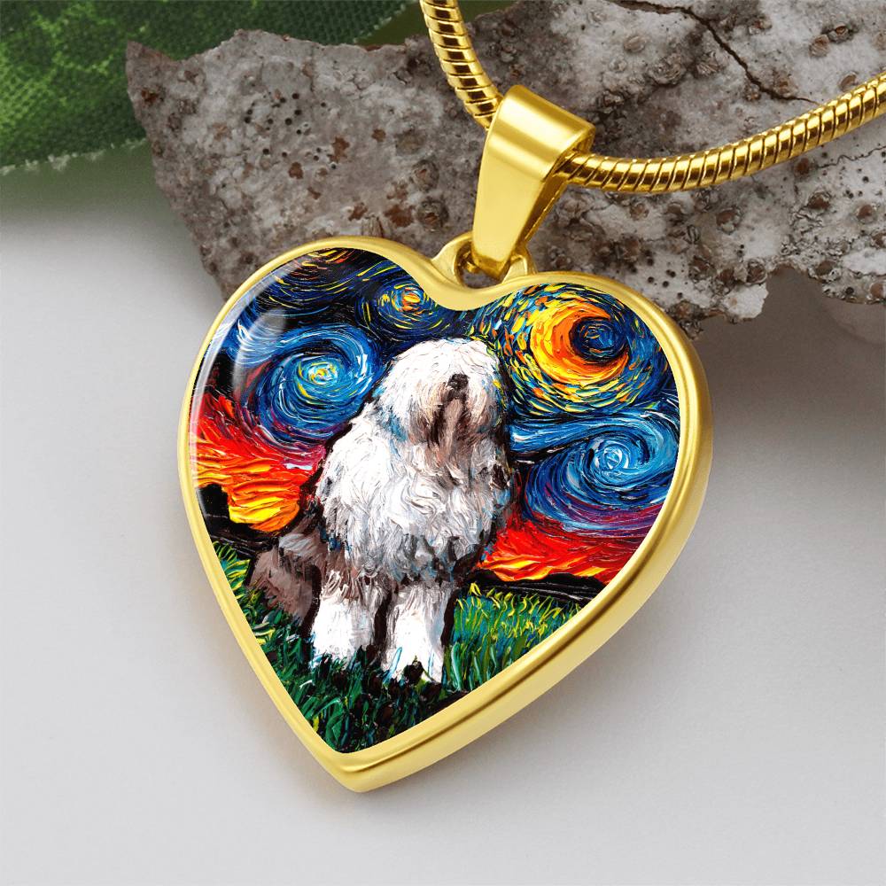 English Sheepdog Starry Night Heart Necklace