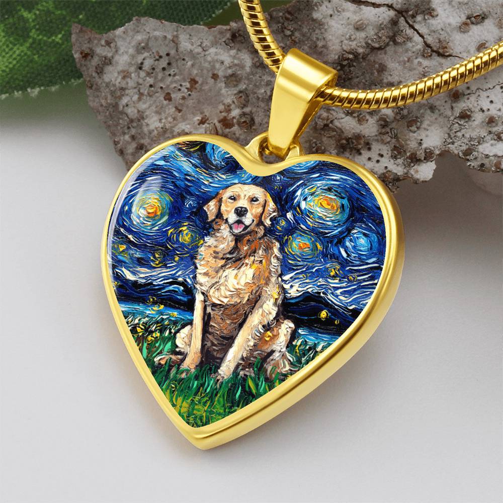 Golden Retriever Starry Night Heart Necklace