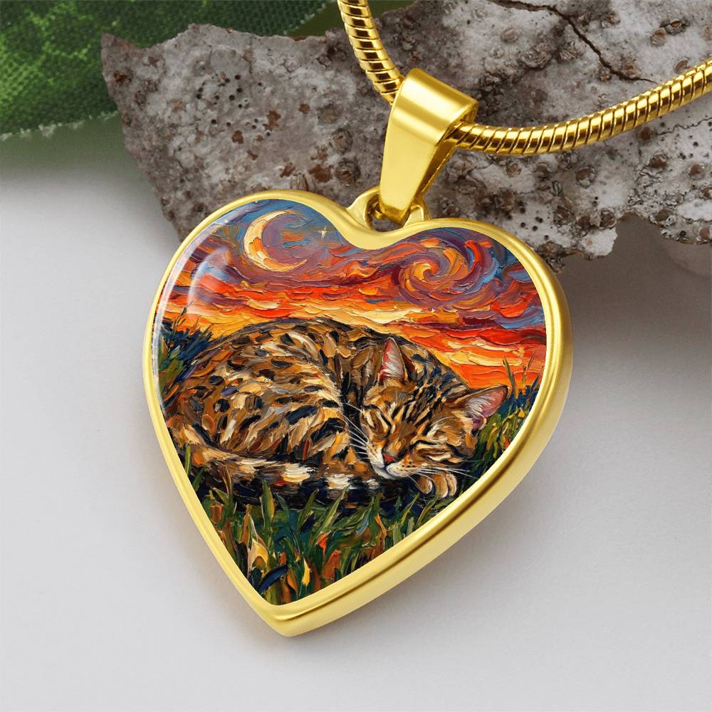 Sleepy Egyptian Mau Night Heart Necklace