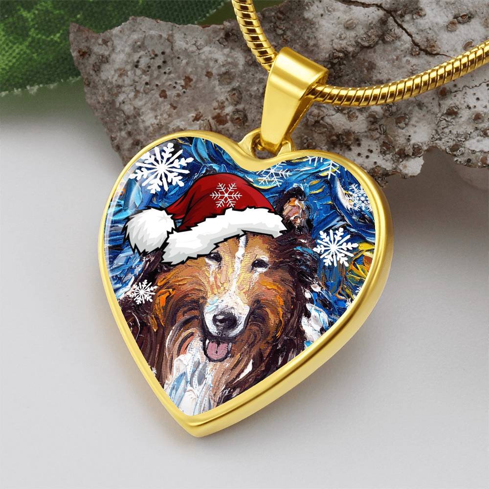 Collie In Santa Hat Starry Night Heart Necklace