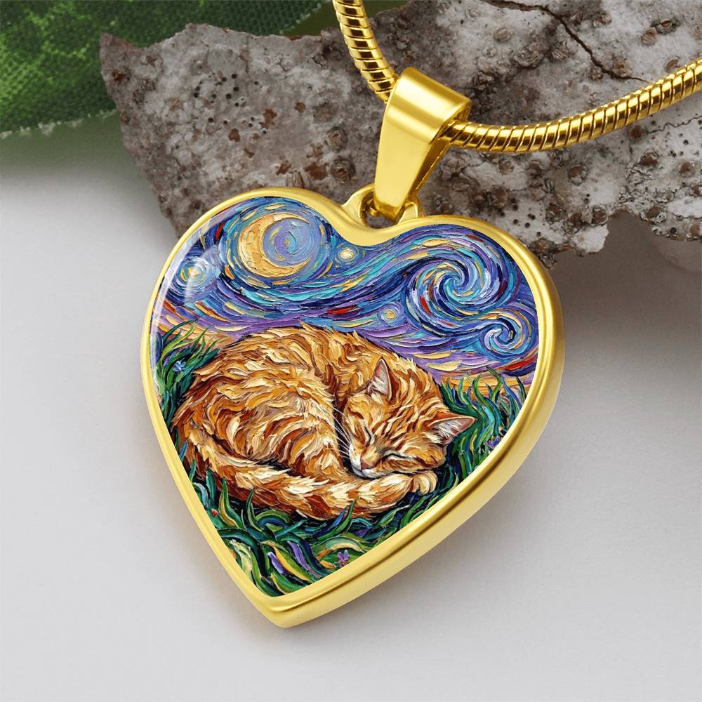 Sleepy Orange Tabby Night Heart Necklace