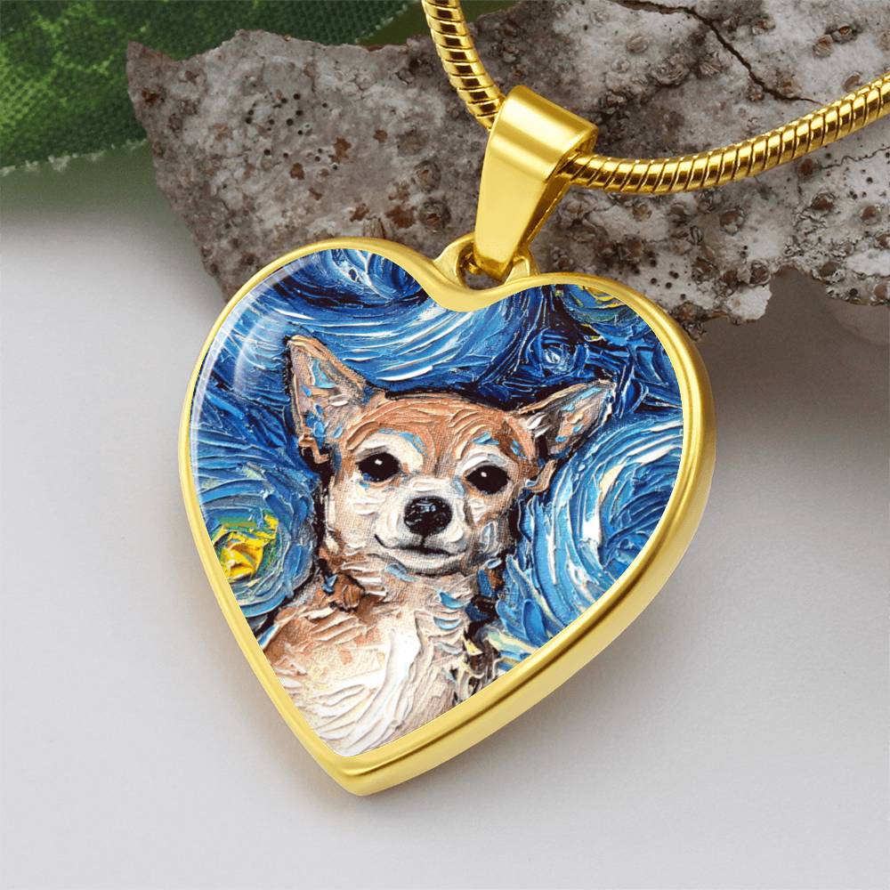 Chihuahua Portrait Starry Night Heart Necklace
