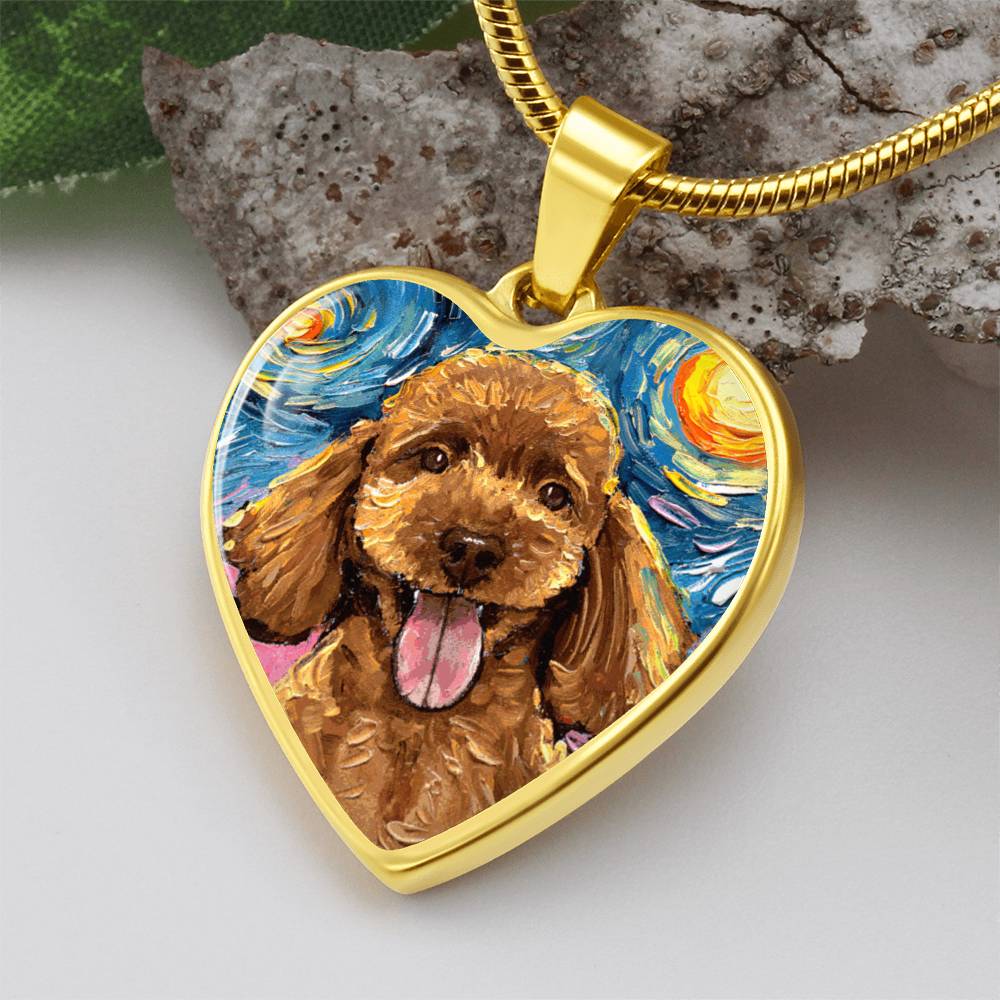 Apricot Poodle Portrait Starry Night Heart Necklace