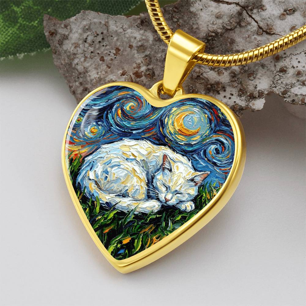 Sleepy White Cat Night Heart Necklace