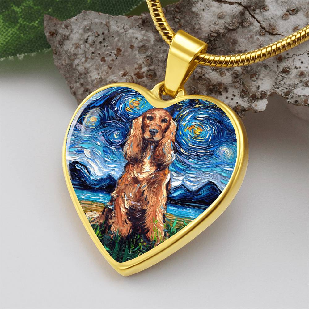 Red Cocker Spaniel Starry Night Heart Necklace