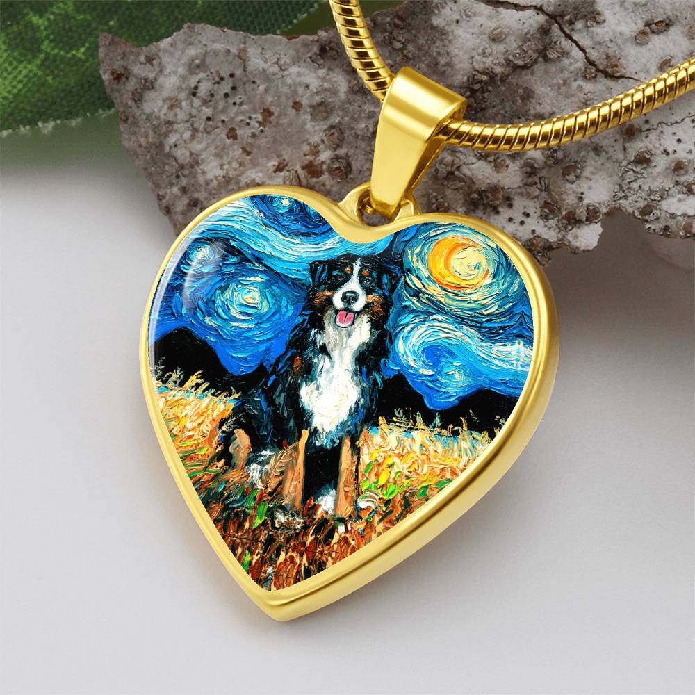 Bernese Mountain Dog Starry Night Heart Necklace