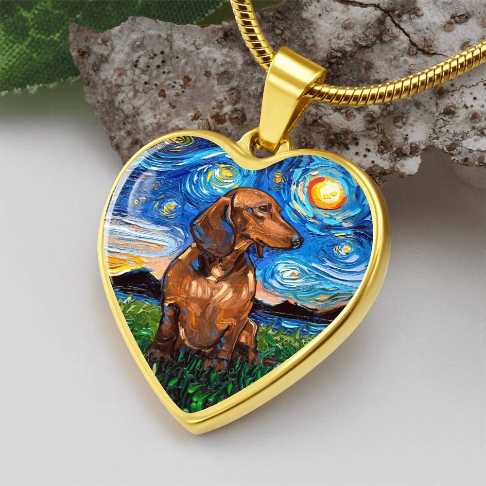 Brown Dachshund Starry Night Heart Necklace