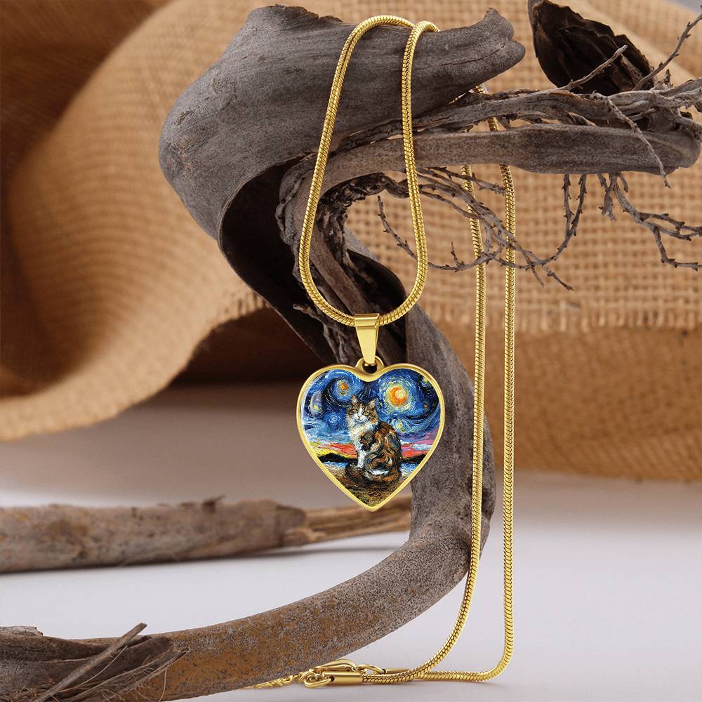 Calico Cat 2 Starry Night Heart Necklace