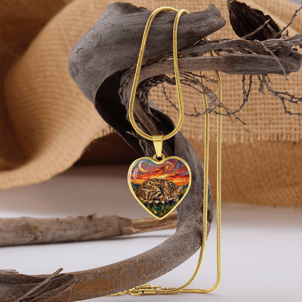 Sleepy Egyptian Mau Night Heart Necklace