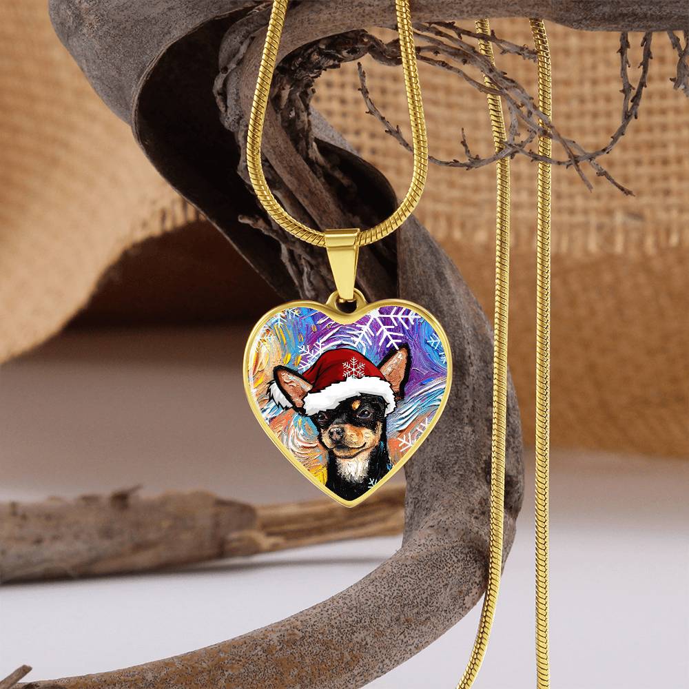 Santa Black and Tan Chihuahua Heart Necklace