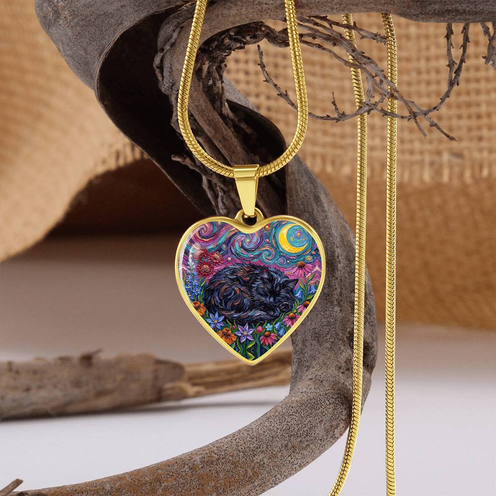 Amongst The Flowers - Sleepy Black Cat Heart Necklace