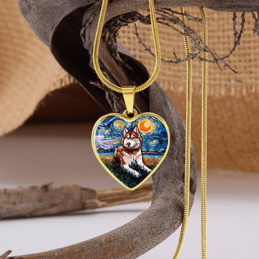 Red and White Husky Starry Night Heart Necklace