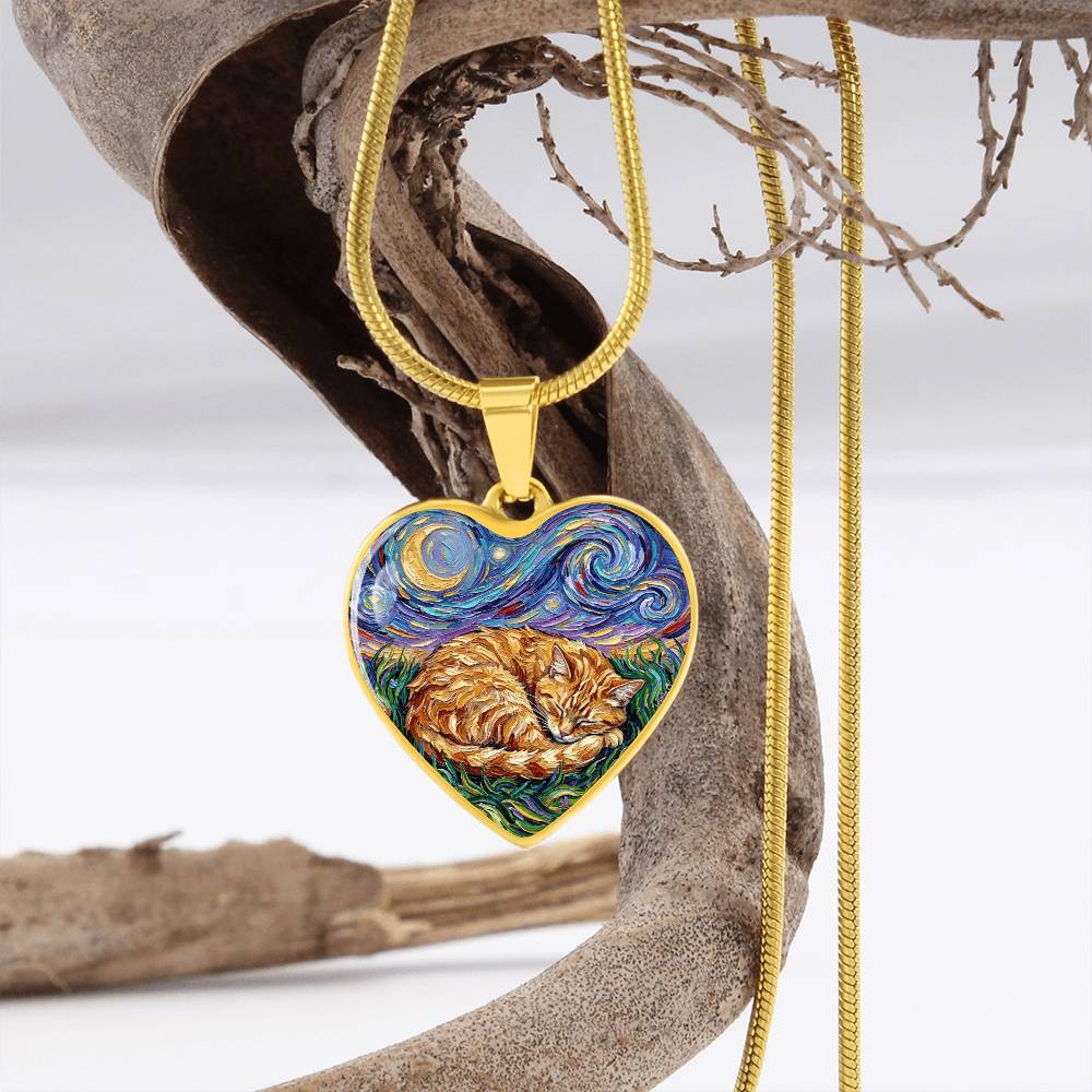 Sleepy Orange Tabby Night Heart Necklace