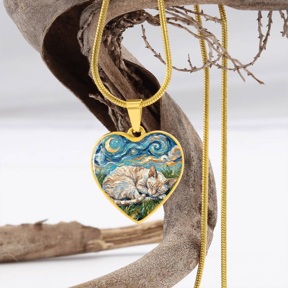 Sleepy Cornish Rex Night Heart Necklace