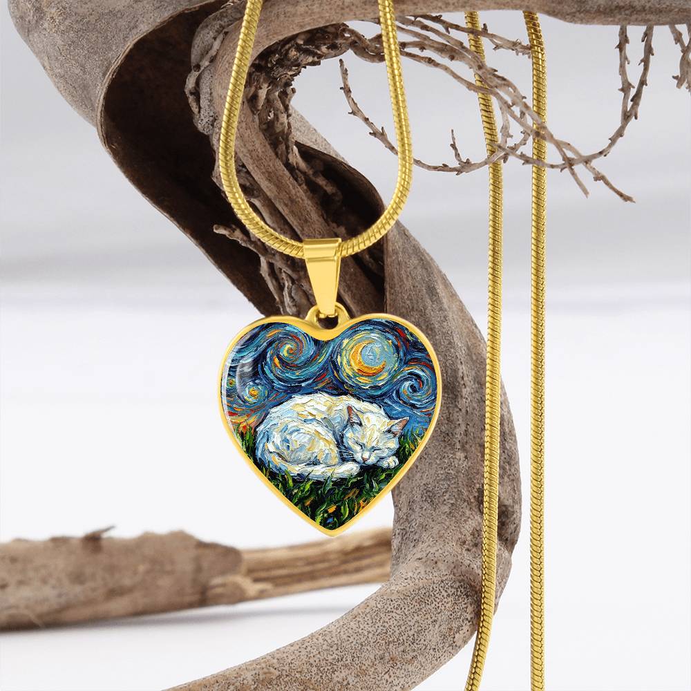 Sleepy White Cat Night Heart Necklace
