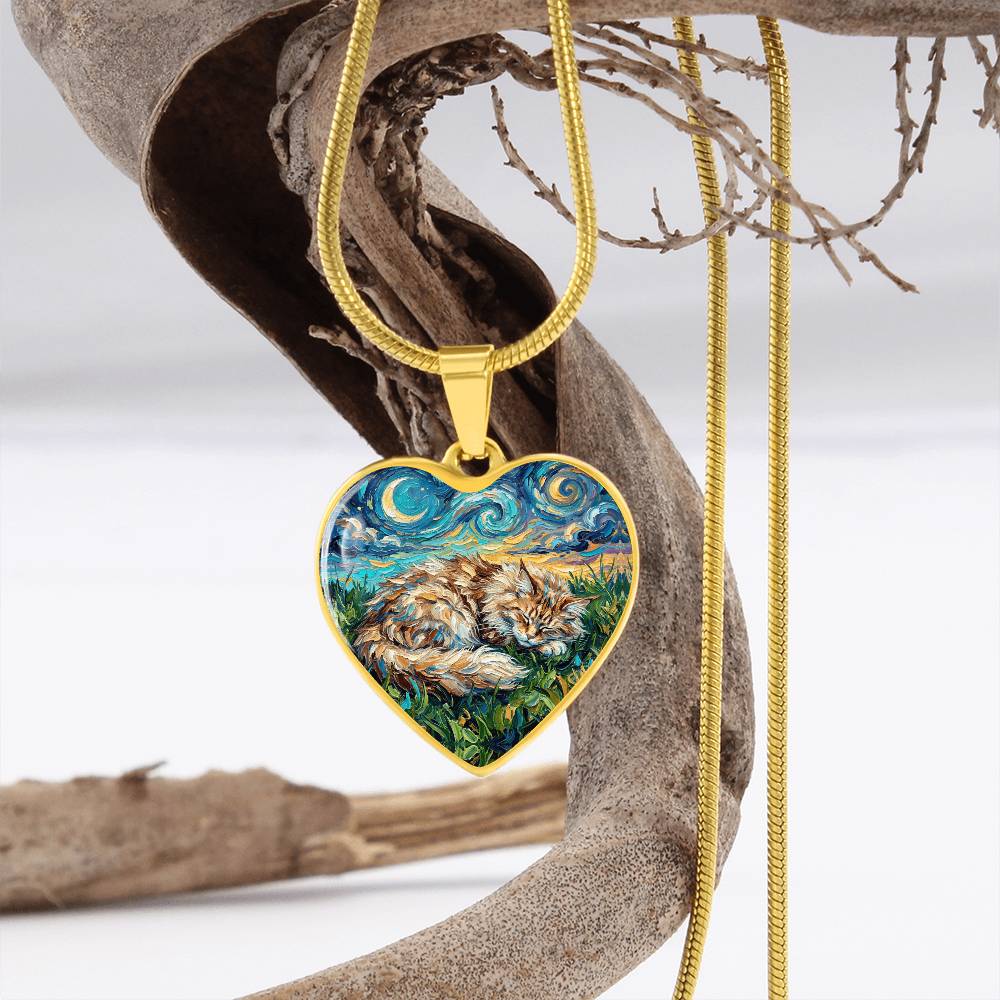 Sleepy Maine Coon Night Heart Necklace