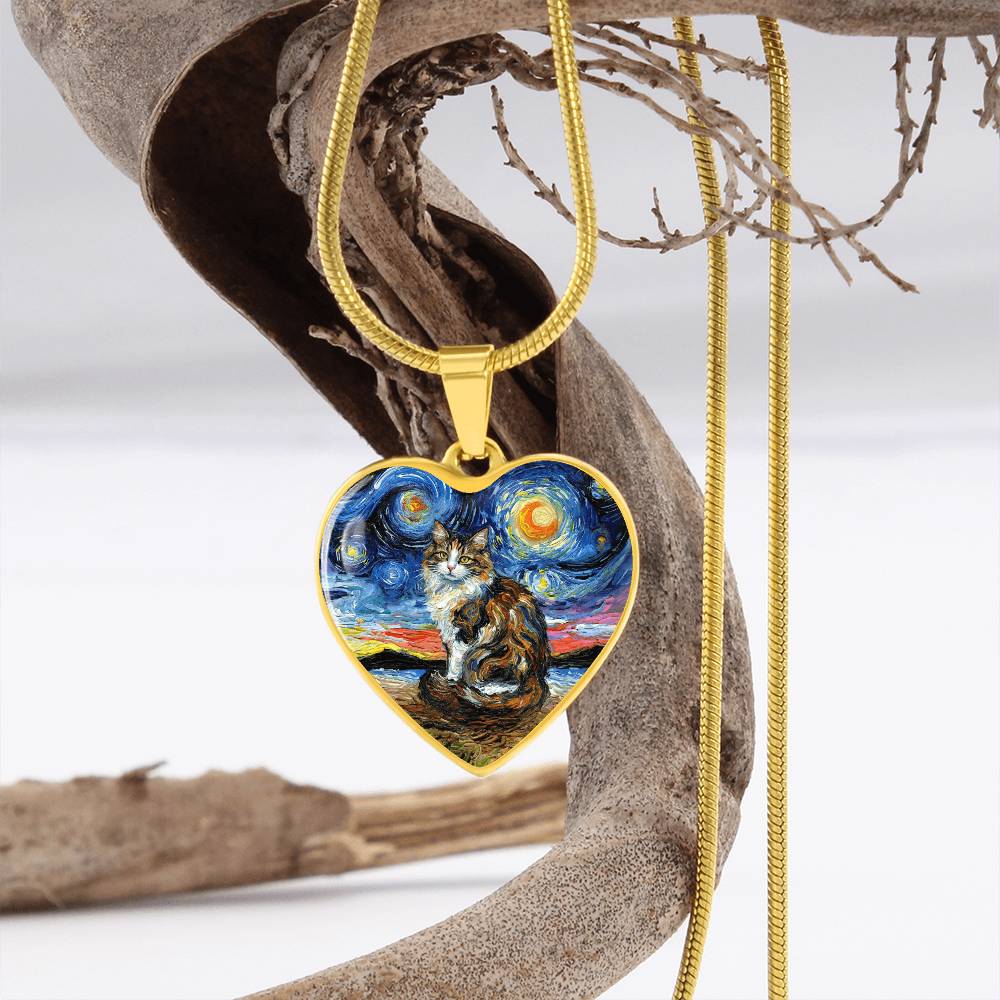 Calico Cat 2 Starry Night Heart Necklace