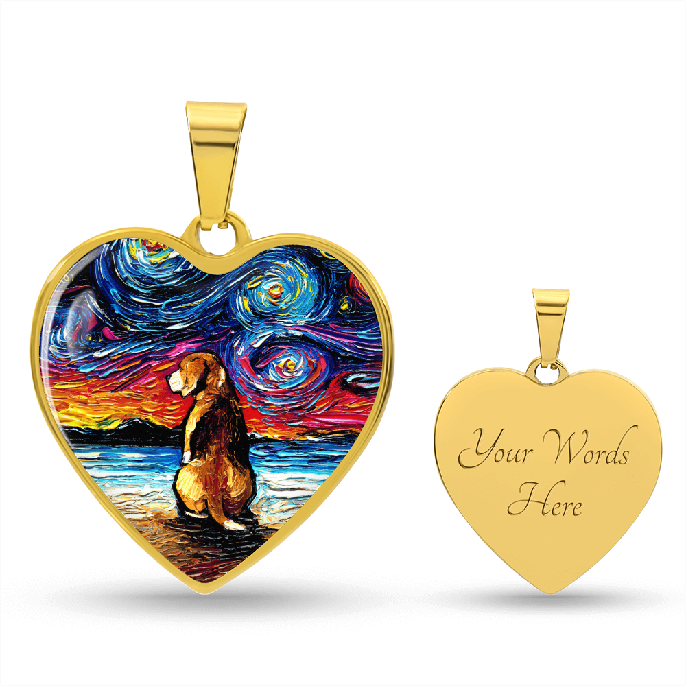 Beagle at the Beach Starry Night Heart Necklace