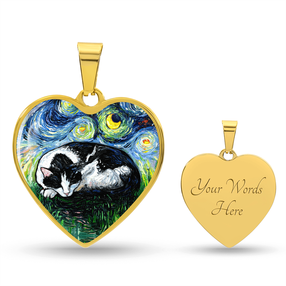 Sleeping Tuxedo Cat Starry Night Heart Necklace