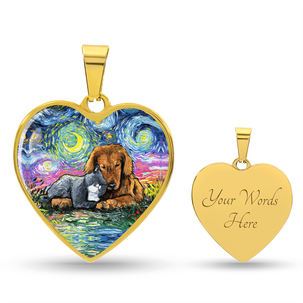 Best Friends Cat and Dog Starry Night Heart Necklace