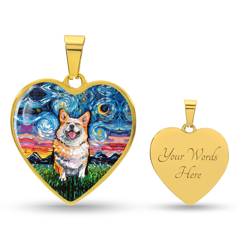 Smiling Corgi Starry Night Heart Necklace