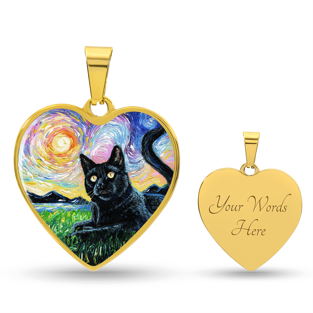 Black Cat and Sunset Starry Night Heart Necklace