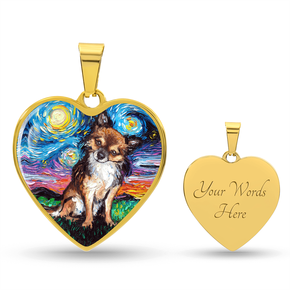 Long Hair Brown Chihuahua Starry Night Heart Necklace