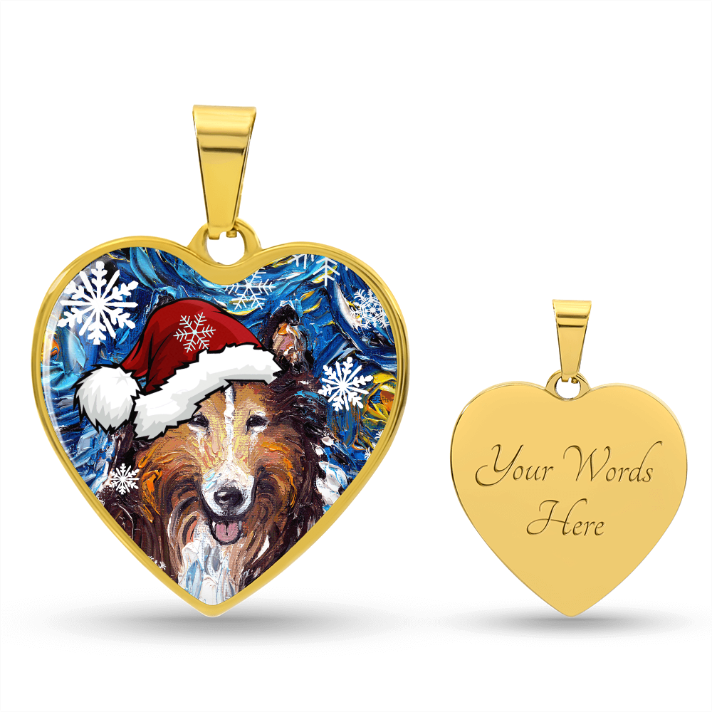 Collie In Santa Hat Starry Night Heart Necklace