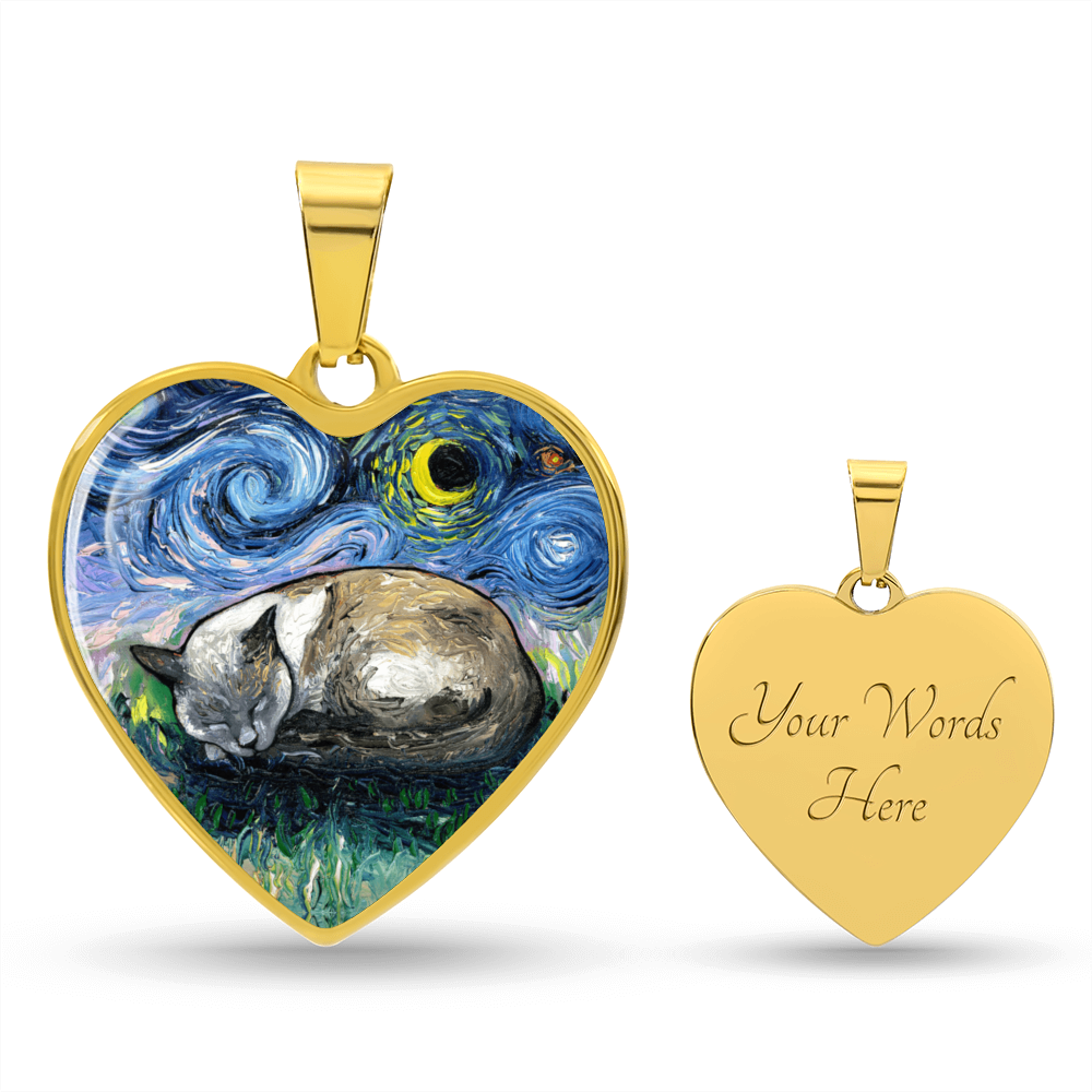 Sleeping Siamese Cat Starry Night Heart Necklace