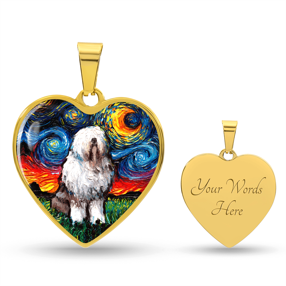English Sheepdog Starry Night Heart Necklace