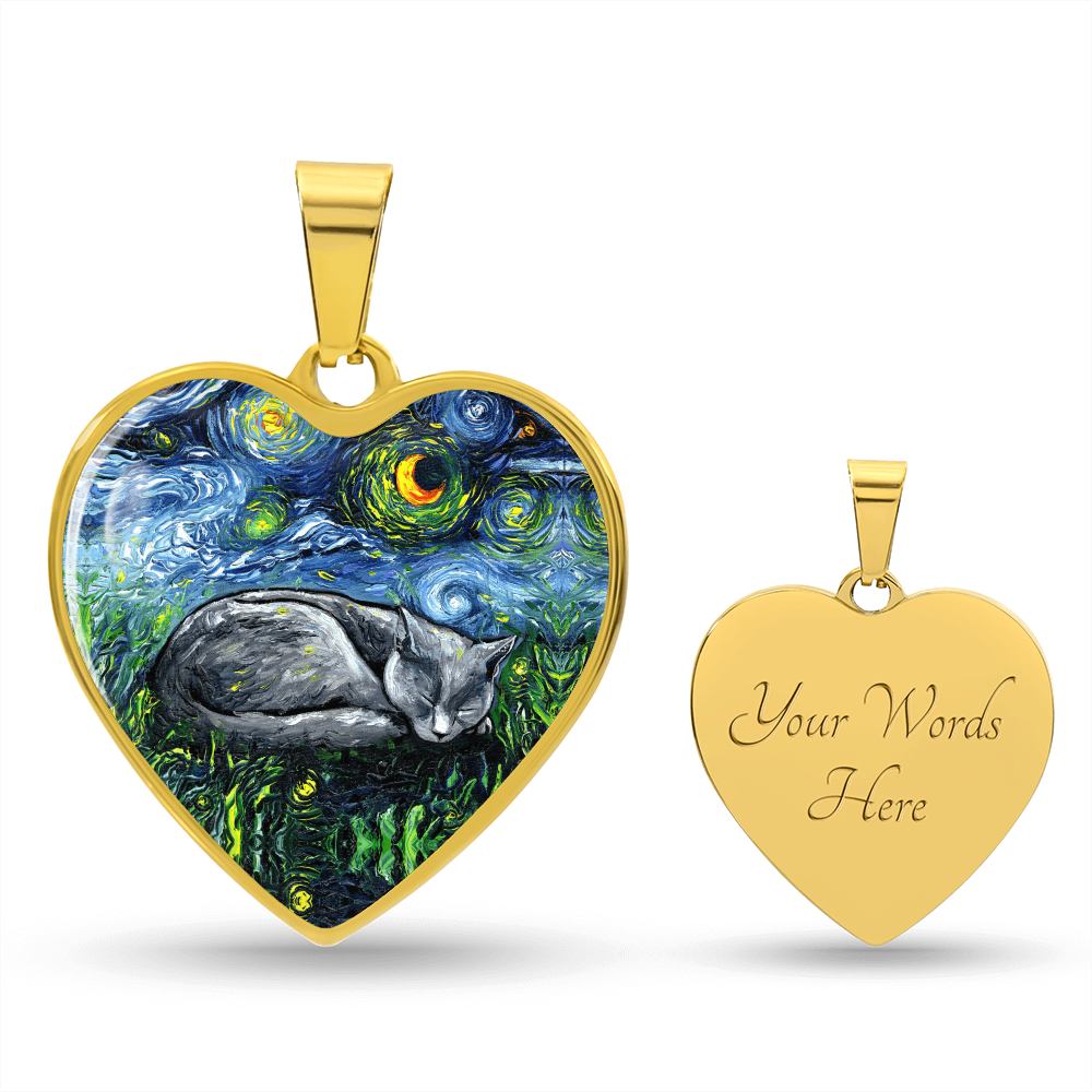 SleepingRussian Blue Cat Starry Night Heart Necklace