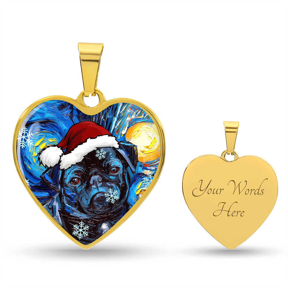 Santa Black Pug Heart Necklace