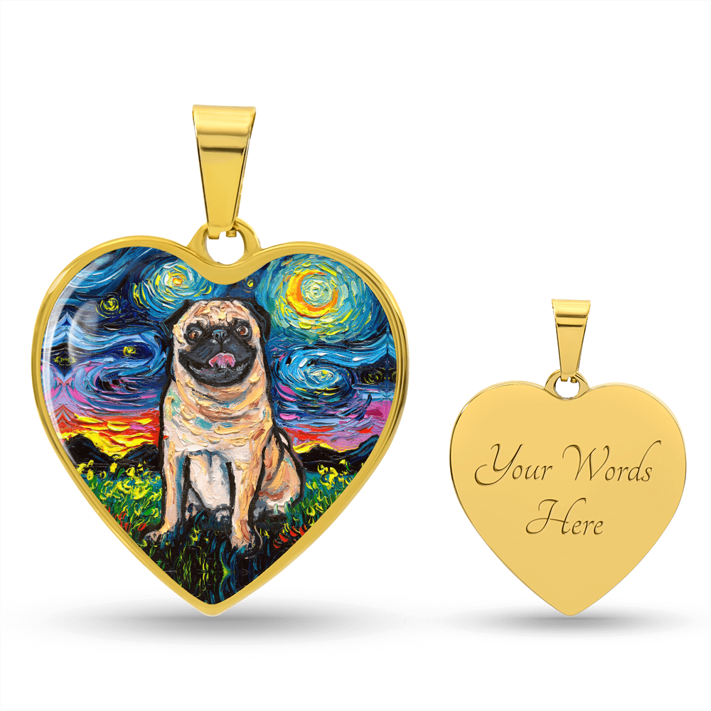 Fawn Pug Starry Night Heart Necklace