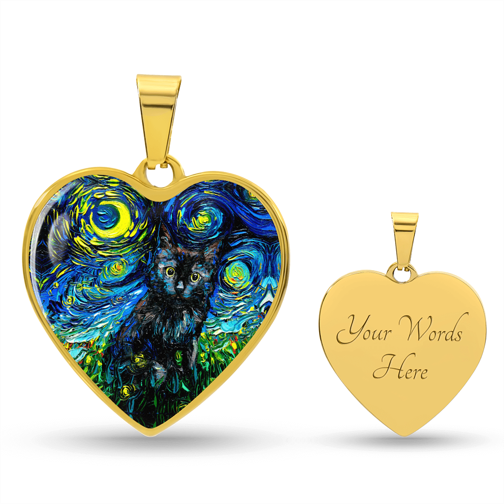 Black Cat Portrait Starry Night Heart Necklace