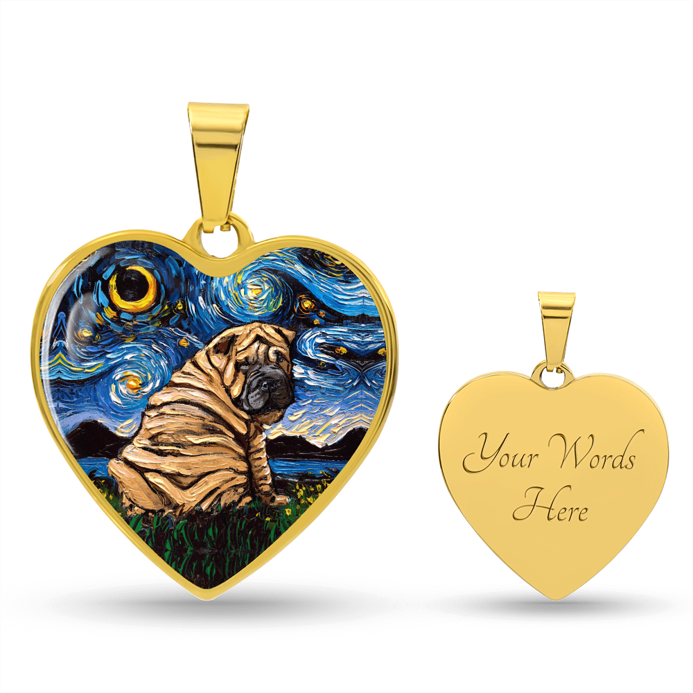 Brown Shar Pei Starry Night Heart Necklace