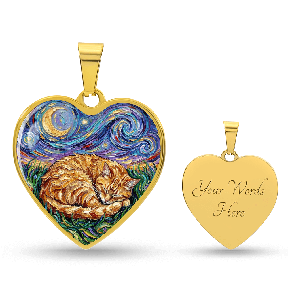 Sleepy Orange Tabby Night Heart Necklace