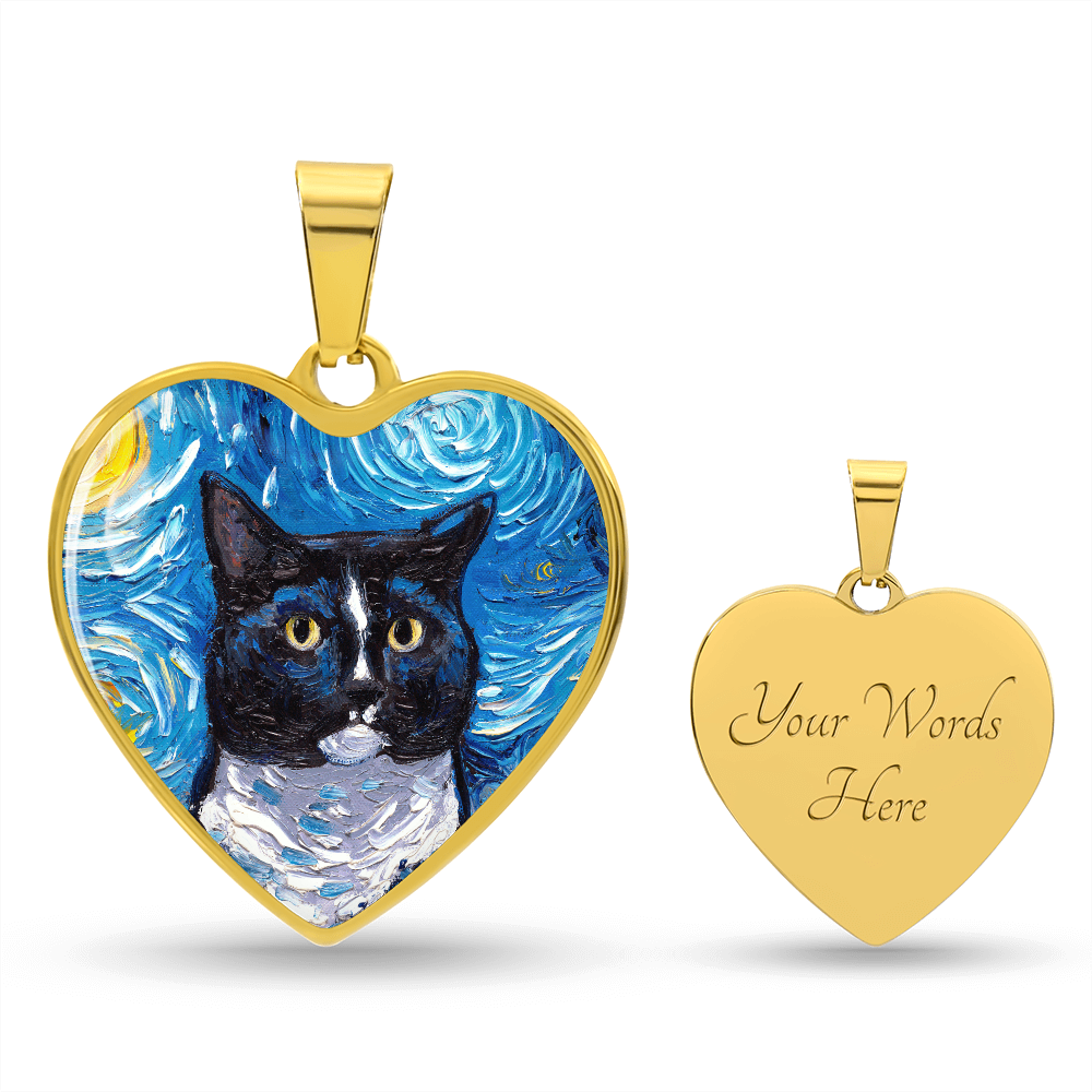Tuxedo Cat Portrait Starry Night Heart Necklace