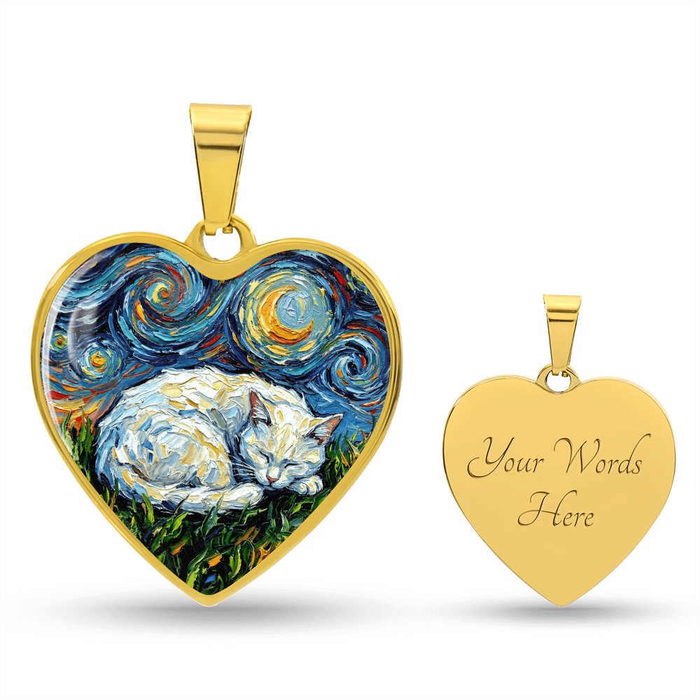 Sleepy White Cat Night Heart Necklace