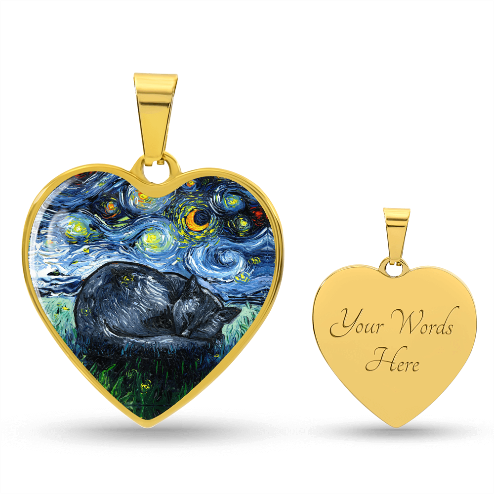 Sleeping Black Cat Starry Night Heart Necklace
