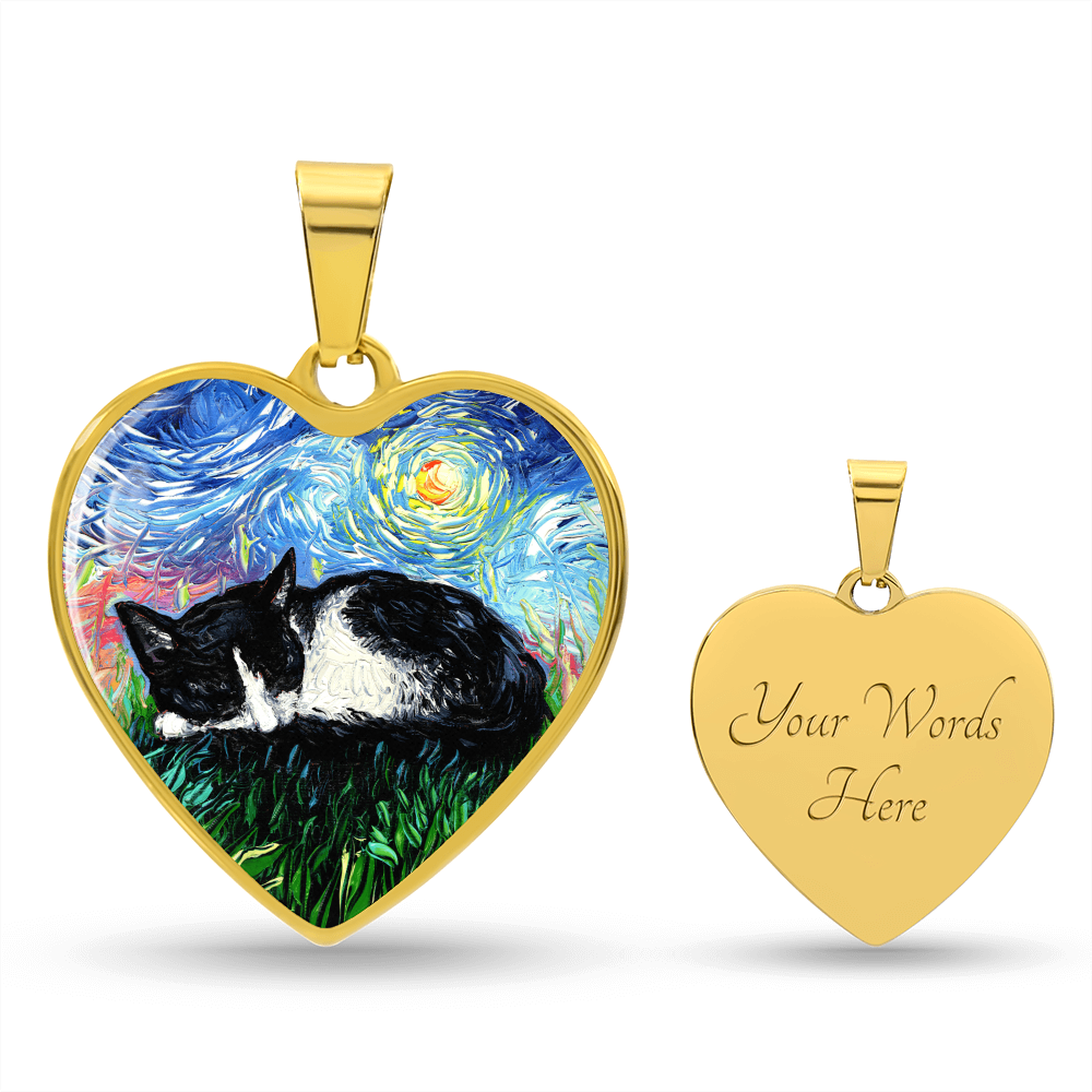 Sleepy Tuxedo Kitten Starry Night Heart Necklace