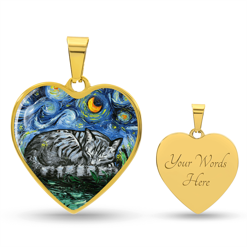 Sleeping Gray Tabby Cat Starry Night Heart Necklace