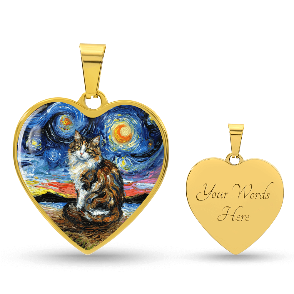 Calico Cat 2 Starry Night Heart Necklace