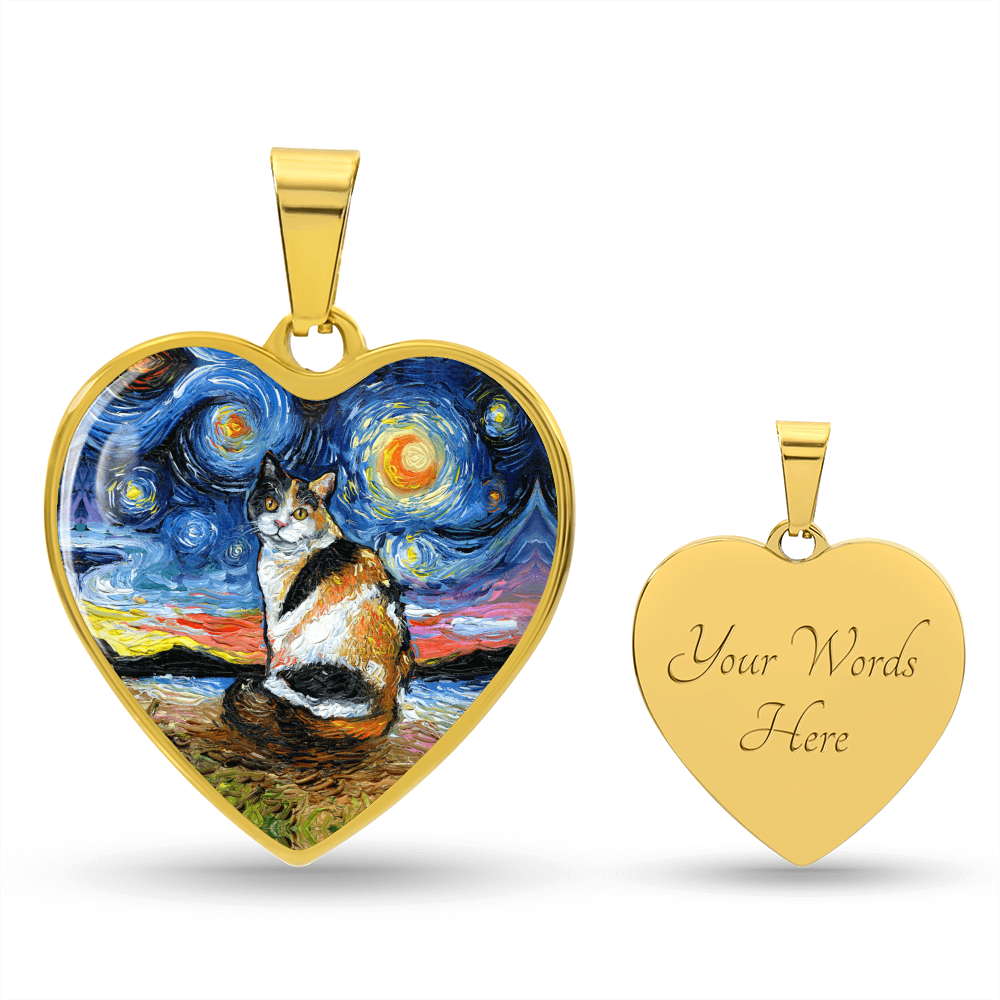 Calico Cat Starry Night Heart Necklace