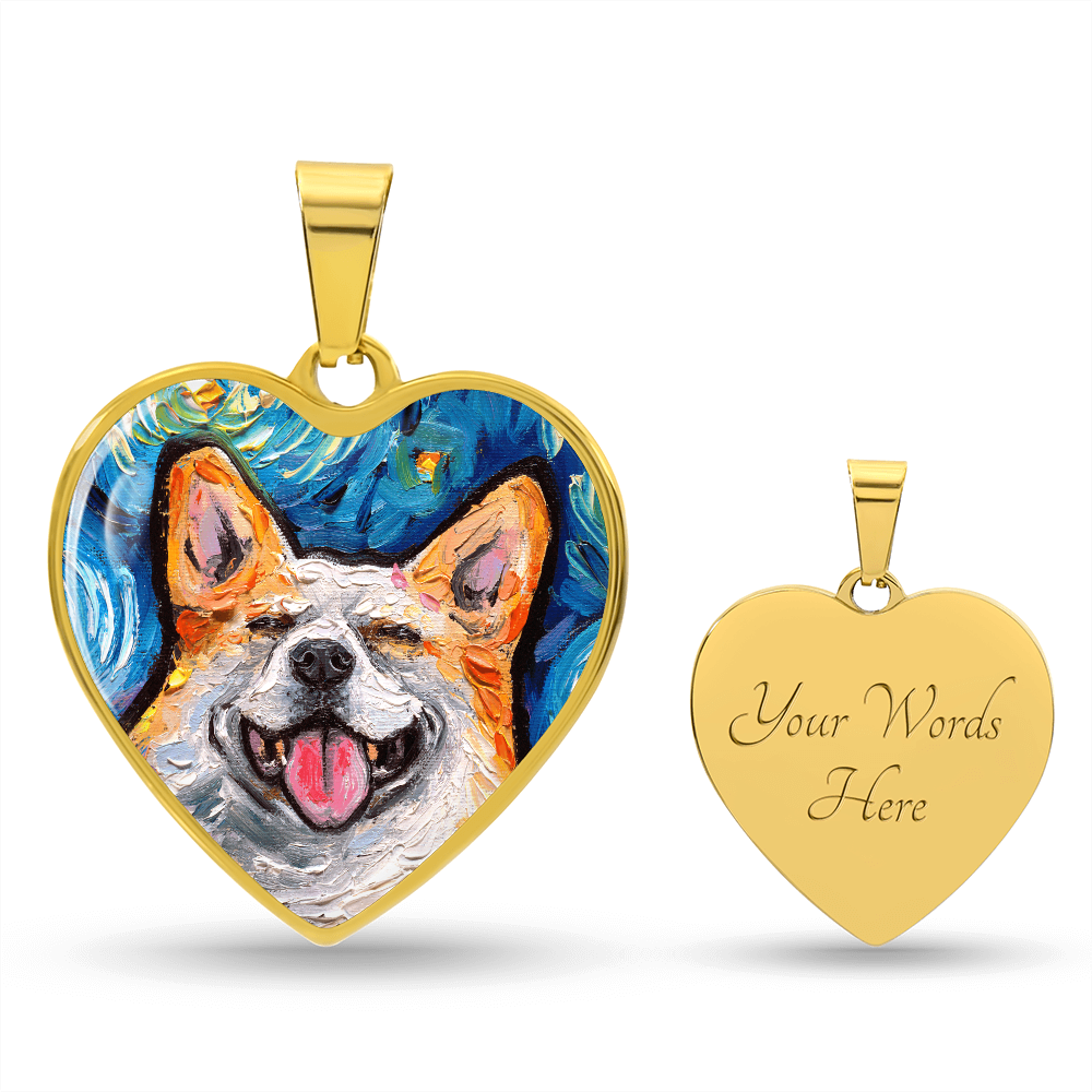 Smiling Corgi Portrait Starry Night Heart Necklace